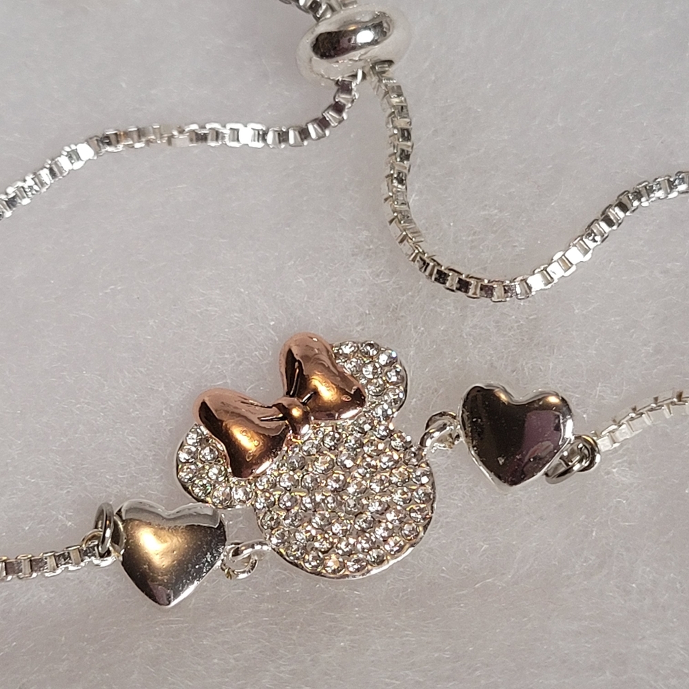 DISNEY Minnie Mouse Hearts Adjustable Bracelet Silver Plated Swarovski Crystals